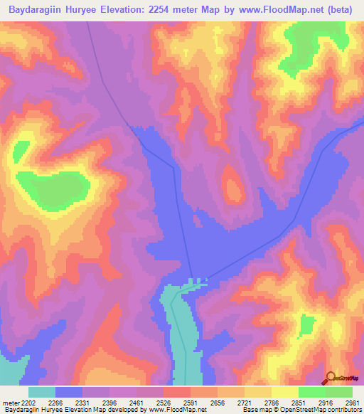 Baydaragiin Huryee,Mongolia Elevation Map