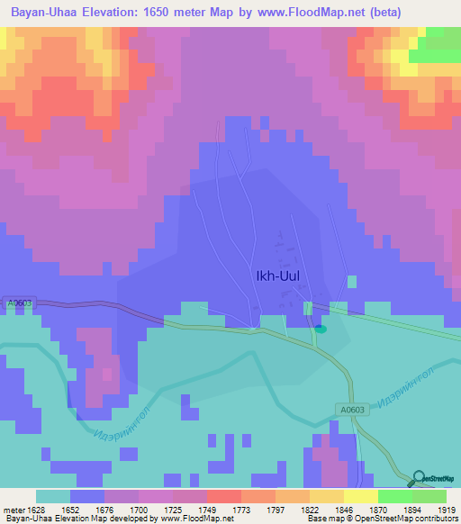 Bayan-Uhaa,Mongolia Elevation Map