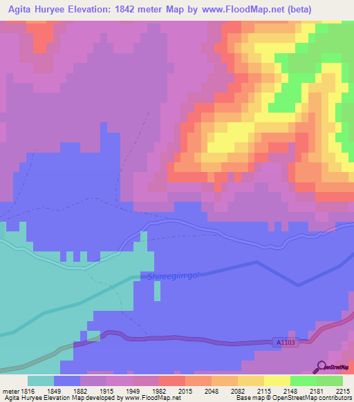 Agita Huryee,Mongolia Elevation Map