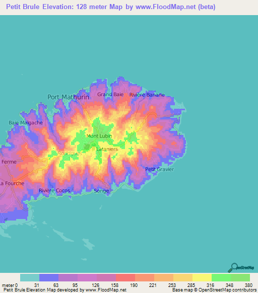 Petit Brule,Mauritius Elevation Map