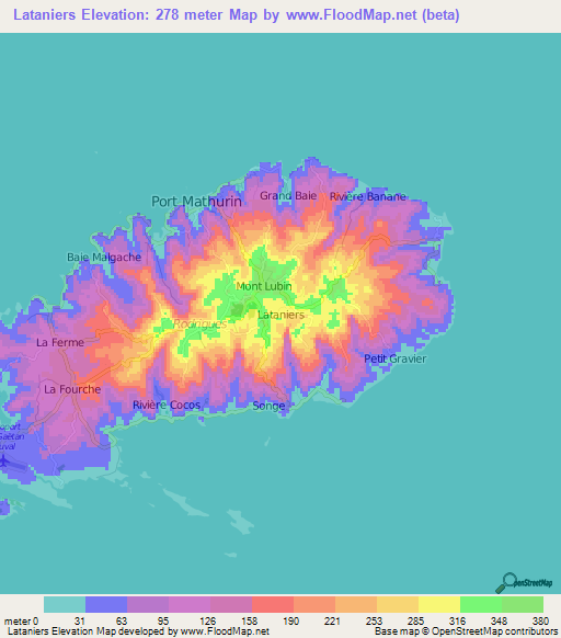 Lataniers,Mauritius Elevation Map