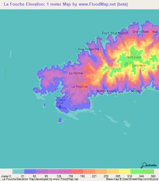 La Fouche,Mauritius Elevation Map