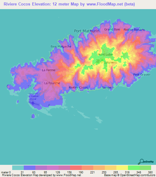 Riviere Cocos,Mauritius Elevation Map