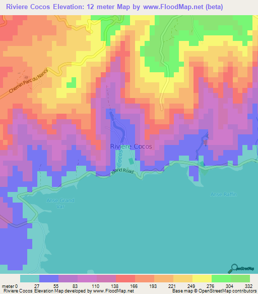 Riviere Cocos,Mauritius Elevation Map