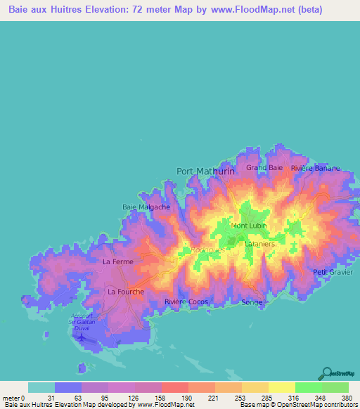 Baie aux Huitres,Mauritius Elevation Map