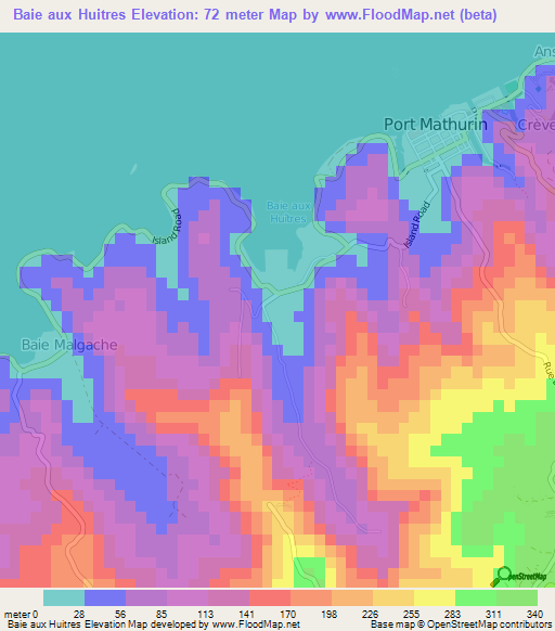 Baie aux Huitres,Mauritius Elevation Map