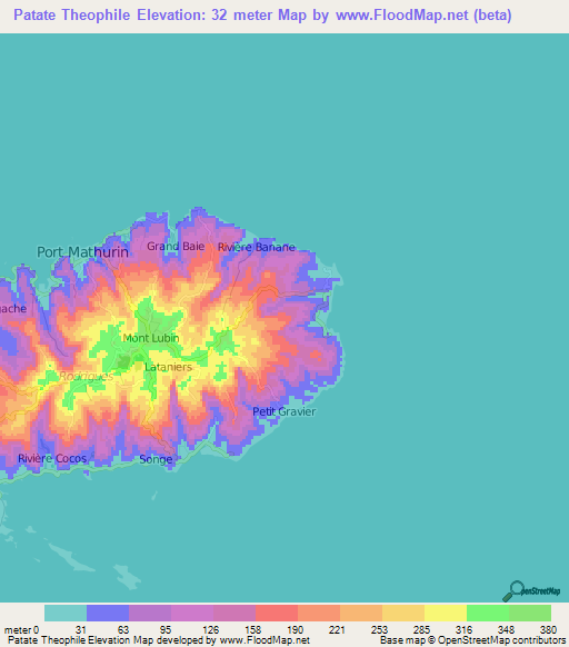 Patate Theophile,Mauritius Elevation Map