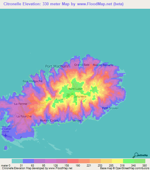 Citronelle,Mauritius Elevation Map