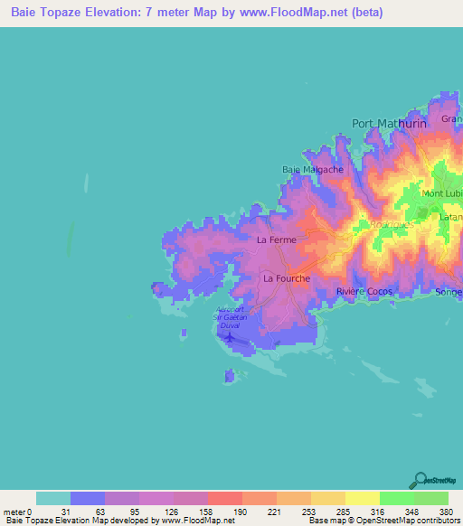Baie Topaze,Mauritius Elevation Map