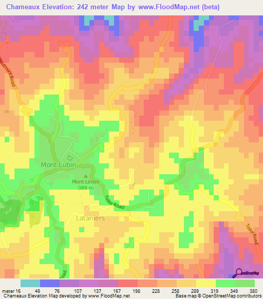 Chameaux,Mauritius Elevation Map