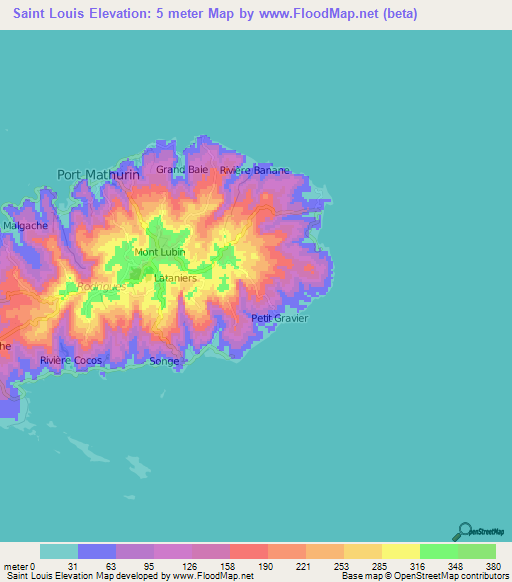 Saint Louis,Mauritius Elevation Map