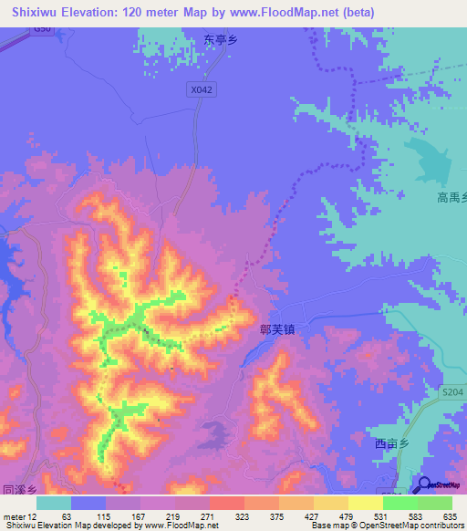 Shixiwu,China Elevation Map