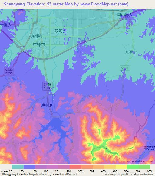 Shangyang,China Elevation Map