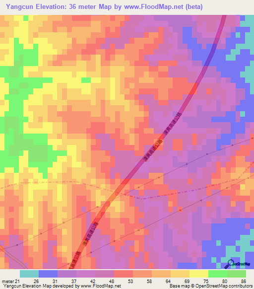 Yangcun,China Elevation Map