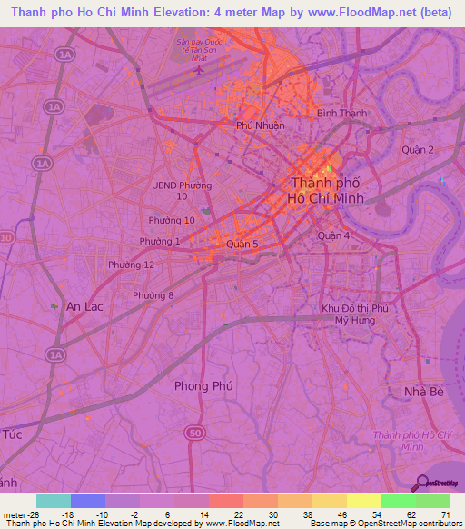 Thanh pho Ho Chi Minh,Vietnam Elevation Map