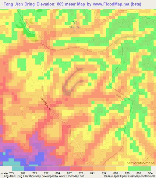 Tang Jran Dring,Vietnam Elevation Map