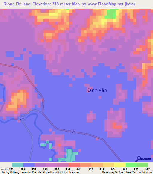 Riong Bolieng,Vietnam Elevation Map