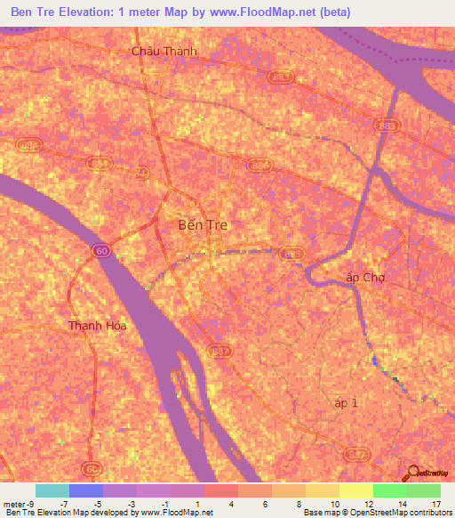 Ben Tre,Vietnam Elevation Map