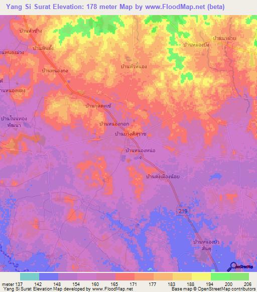 Yang Si Surat,Thailand Elevation Map