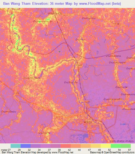 Ban Wang Tham,Thailand Elevation Map