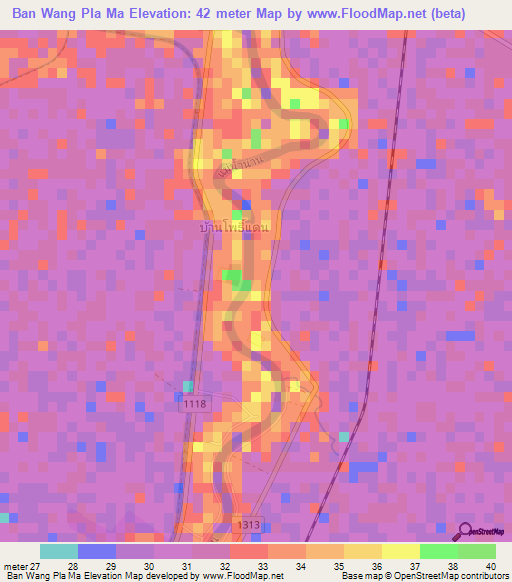Ban Wang Pla Ma,Thailand Elevation Map