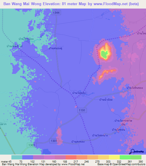 Ban Wang Mai Wong,Thailand Elevation Map