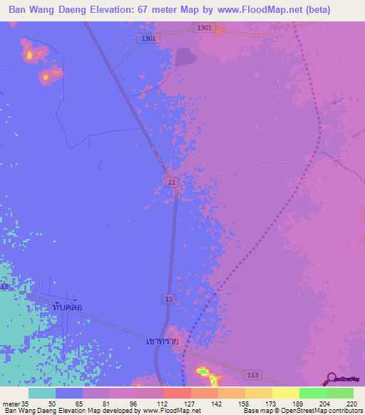 Ban Wang Daeng,Thailand Elevation Map