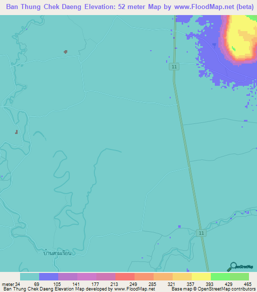 Ban Thung Chek Daeng,Thailand Elevation Map