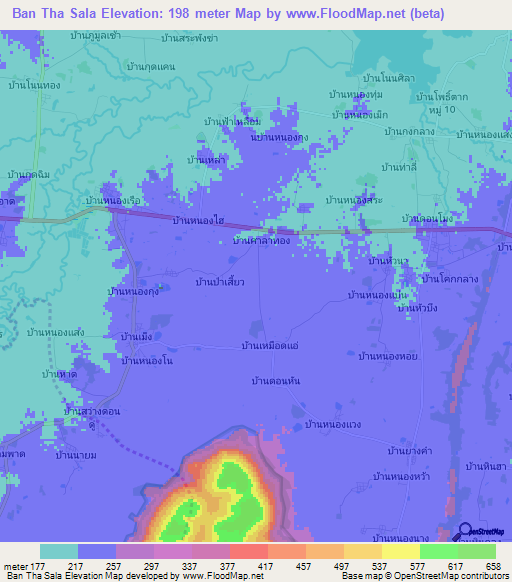 Ban Tha Sala,Thailand Elevation Map