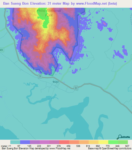 Ban Sueng Bon,Thailand Elevation Map