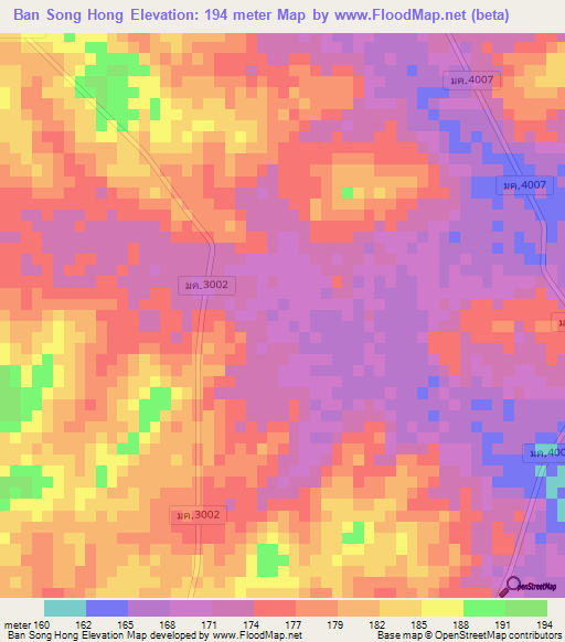 Ban Song Hong,Thailand Elevation Map