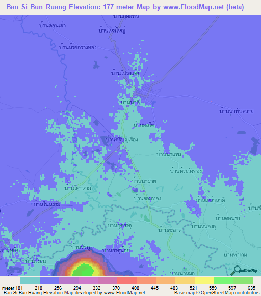 Ban Si Bun Ruang,Thailand Elevation Map