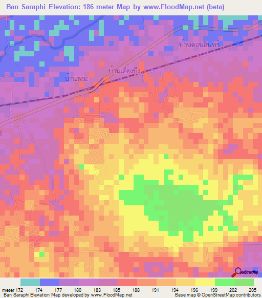 Ban Saraphi,Thailand Elevation Map