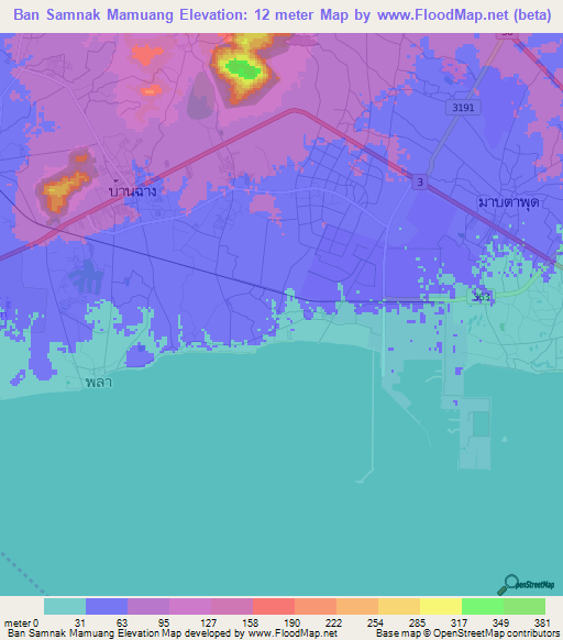 Ban Samnak Mamuang,Thailand Elevation Map