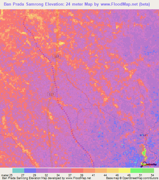Ban Prada Samrong,Thailand Elevation Map