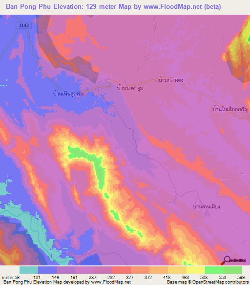Ban Pong Phu,Thailand Elevation Map