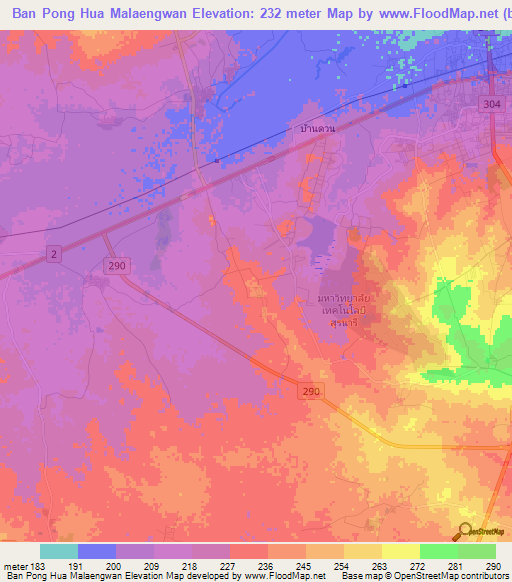 Ban Pong Hua Malaengwan,Thailand Elevation Map