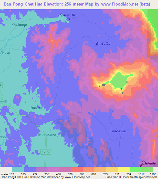 Ban Pong Chet Hua,Thailand Elevation Map