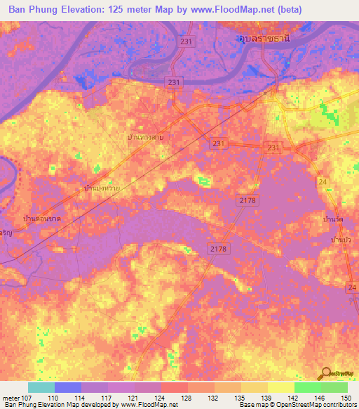 Ban Phung,Thailand Elevation Map