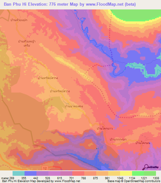 Ban Phu Hi,Thailand Elevation Map