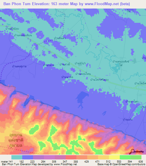 Ban Phon Tum,Thailand Elevation Map