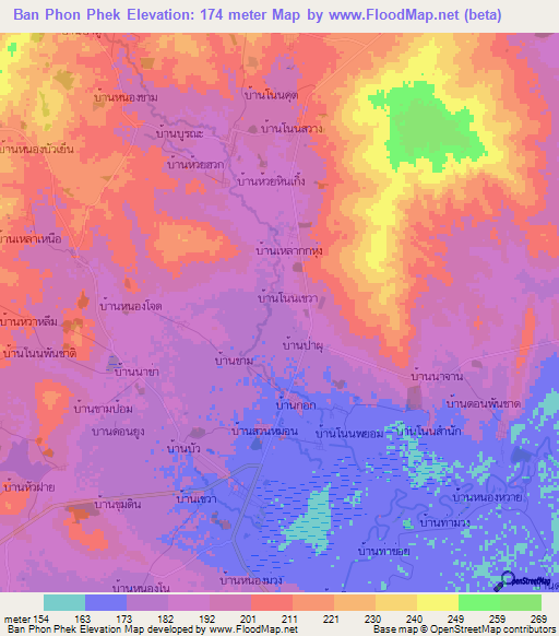 Ban Phon Phek,Thailand Elevation Map