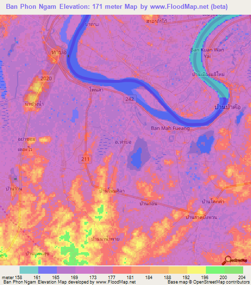 Ban Phon Ngam,Thailand Elevation Map