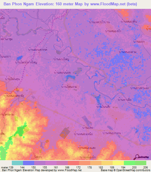 Ban Phon Ngam,Thailand Elevation Map