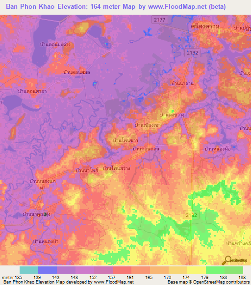 Ban Phon Khao,Thailand Elevation Map