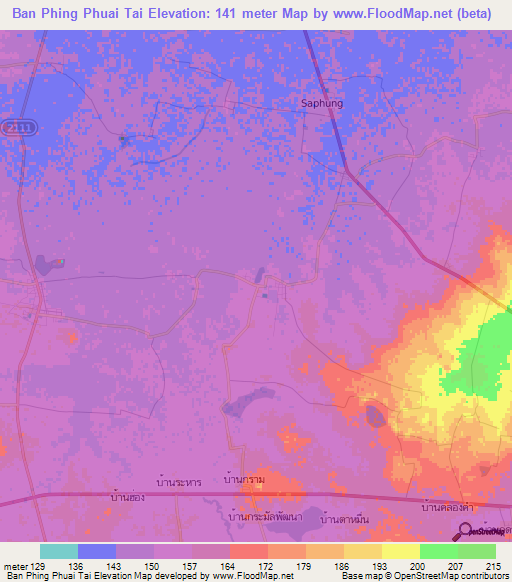 Ban Phing Phuai Tai,Thailand Elevation Map