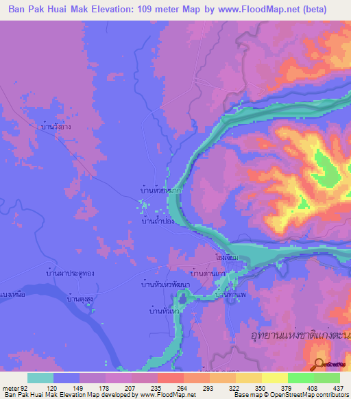 Ban Pak Huai Mak,Thailand Elevation Map