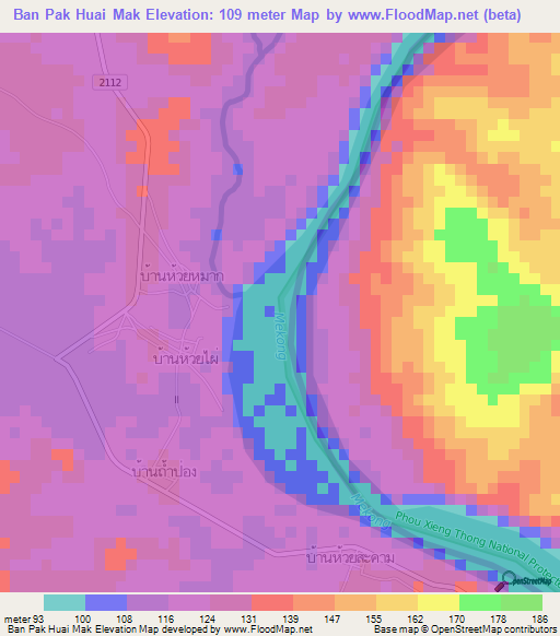 Ban Pak Huai Mak,Thailand Elevation Map