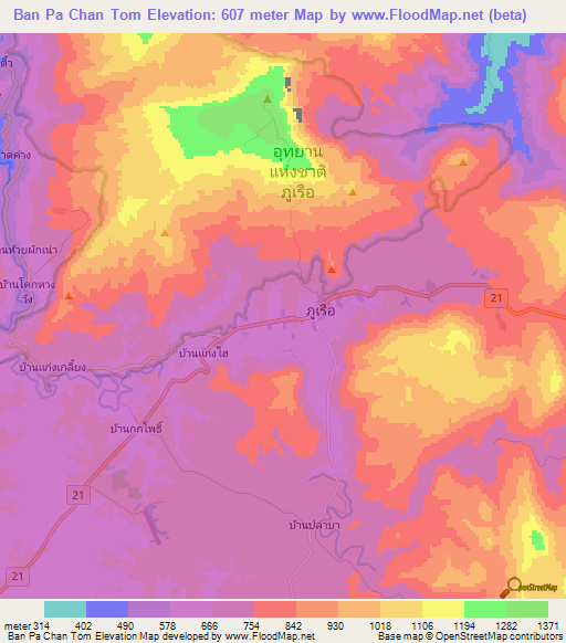 Ban Pa Chan Tom,Thailand Elevation Map