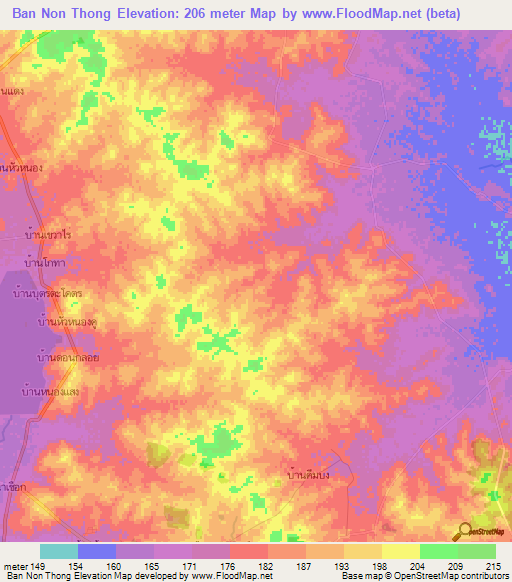 Ban Non Thong,Thailand Elevation Map